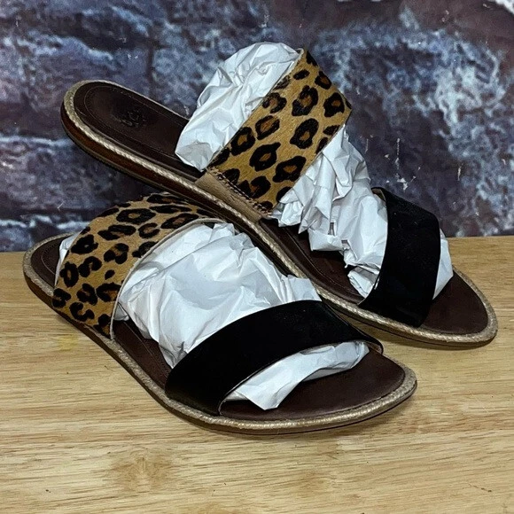 Sandali a scorrimento piatto Ugg Amalia leopardo in pelle animale slip on donna taglia 8 BELLI