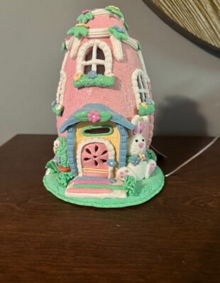 NEW Easter EGG shaped GINGERBREAD HOUSE clay dough cottage LED Bunny Shabby Chic