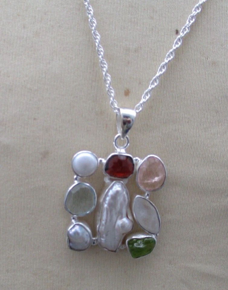 Traum Anhänger 925 Sterlingsilber Perle Biwa Blautopas Granat Peridot 3 x 3 cm - Bild 2 von 4