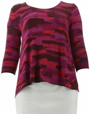 H by Halston Printed Scoop Neck Top w/Forward Seams-Cabernet-Small-A310029-NEW