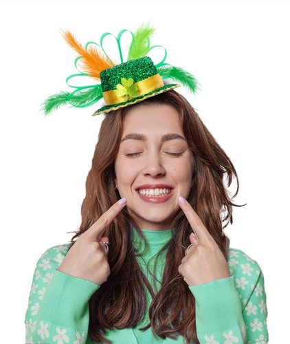 SN-D7-3 St Patricks Day Sequins Hat Headband Shamrock Irish Hair Hoop w/Feather - Picture 10 of 13
