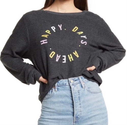 Wildfox Sweatshirt Happy Days Ahead U-Boot Ausschnitt Langarm schwarz XL leicht