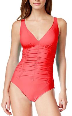 Solutions Coral Ruched Tummy Control One Piece Maillot Size 18 Swimsuit NWT $89