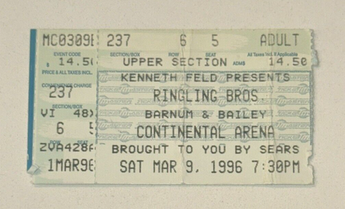 Ringling Bros Circus Ticket Stub Barnum & Bailey Continental Arena 3.9.1996 - Bild 1 von 2