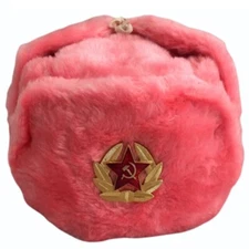 Authentic Russian Ushanka Pink Hat w/ Soviet Army Badge Emblem