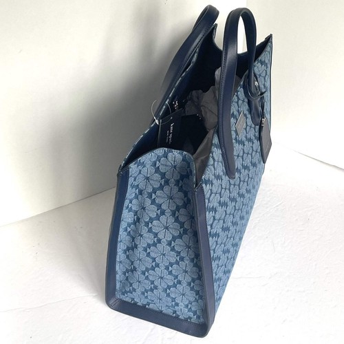 Kate Spade Jacquard Denim Large Manhattan Tote Bag Blue Flower Shoulder Strap - Picture 7 of 12