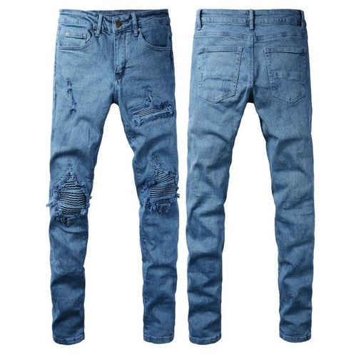 Men's Blue Cotton Blend Slim Fit Jeans Pants Ripped Punk Hip Hop Trousers Casual