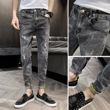 Men Casual Denim Joggers Ripped Pants Stretch Elastic Trousers Skinny Gray Jeans