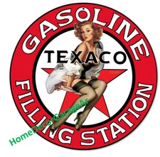 Texaco Filling Station Girl 9 Round Metal Sign, Garage Art HDGA
