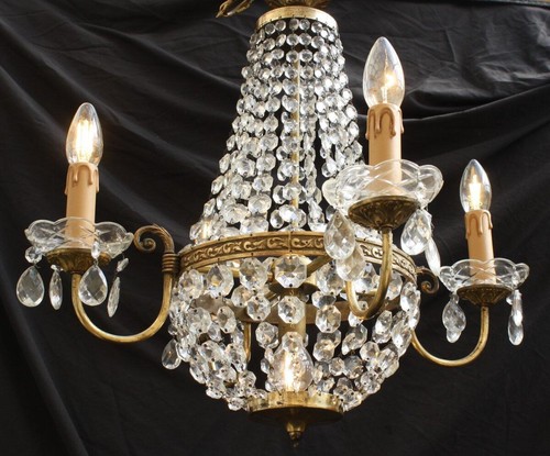 VINTAGE CHANDELIER TENT AND BAG BRASS & GLASS CEILING LIGHT (JU16) - Picture 5 of 8