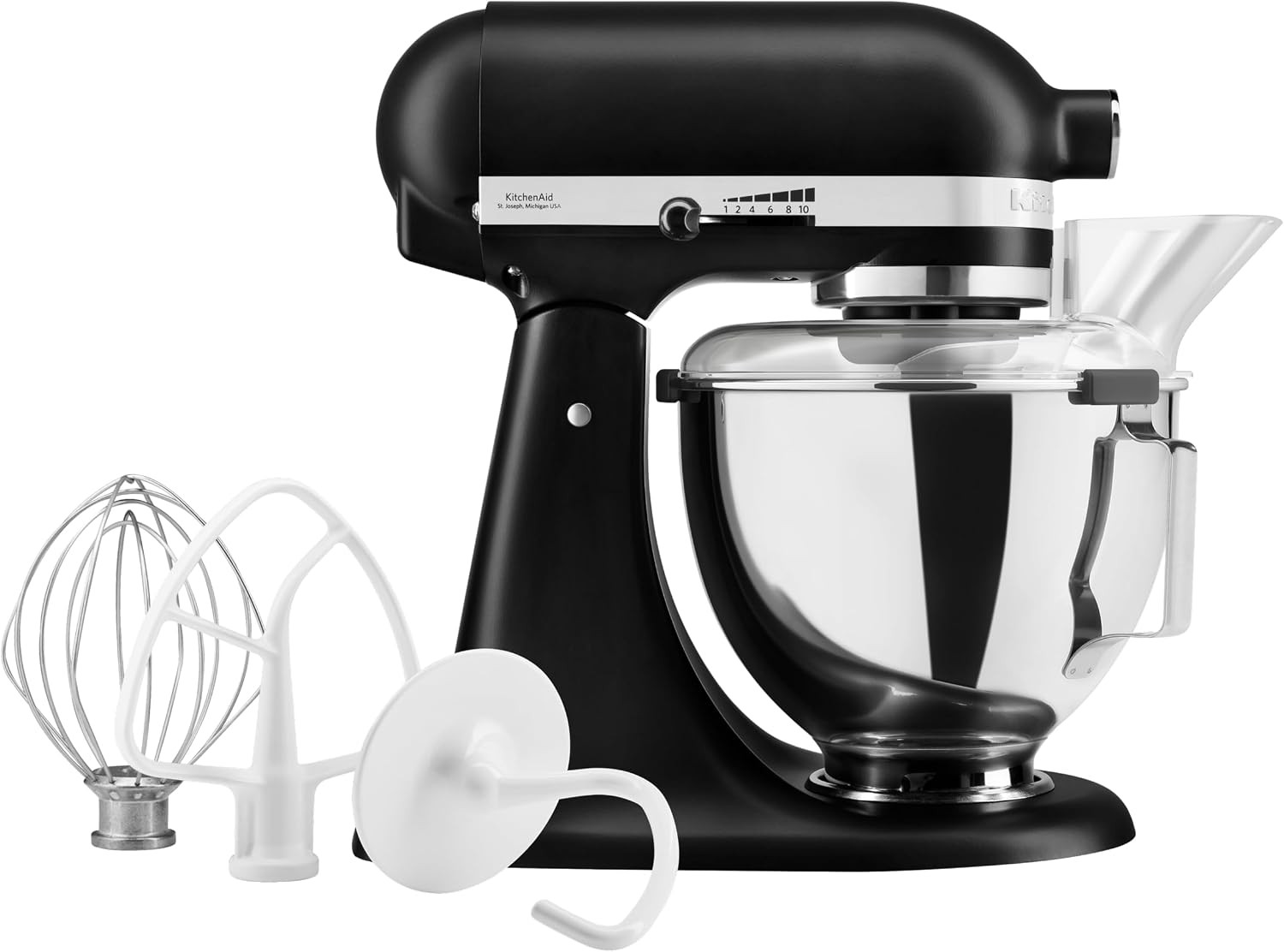 KitchenAid Tilt-Head Stand Mixer, 4.3L Stainless Steel Bowl, Full Metal Construction, Planetary Mixing Action, 10 Speeds, Pouring Shield, Whisk, Flat Beater & Dough Hook, Matte Black - Image 2