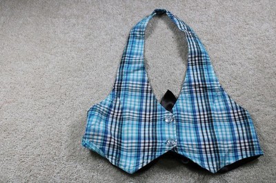 Knitworks Vest Womens Small Blue Plaid Halter Button Up Back Tie Cropped Top
