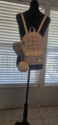 Beige Quilted Small Women s Backpack Bear Face Zip Adjustable Straps Lined