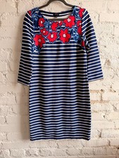 Talbots Navy Stripe Floral Knit Shift Dress Women’s Medium 3/4 Sleeve Cotton