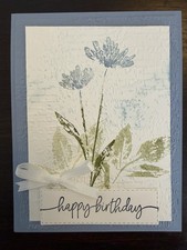 Handmade Card, Happy Birthday, Embossed, Flowers, Ribbon