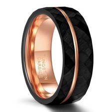 Hammered 8mm Tungsten Rings for Men Women Domed Black and Rose Gold Plated Ri...