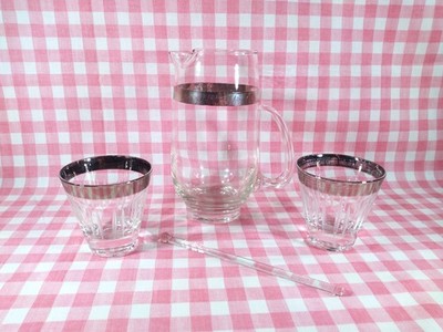 Swell 1960s Libbey 4pc Platinum Ring Cocktail Pitcher, Glasses + Glass Stirrer