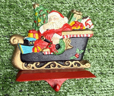 5" Vintage Santa in Sleigh Cast Iron Stocking Holder Hanger hook heavy