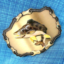 Fishermans Walleye Belt Buckle Enameled Fish Sportsman Vtg 70s Raintree .DBD557
