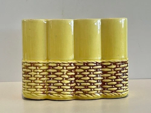 1961 Vintage McCoy Pottery Yellow Basket Weave Bamboo Plant Harmony Line Planter
