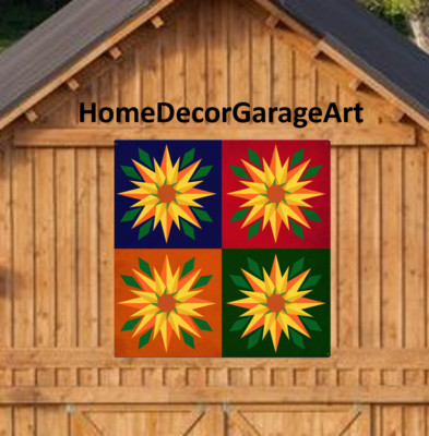 Amish Barn Quilt Art Sign, Sunflower 4-Up Design, Square Metal Sign