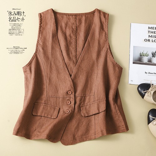 Retro Weste Sommer V-Ausschnitt Freizeit Ärmellos Gilet Weste Baumwolle Leinen Jacke - Bild 3 von 15