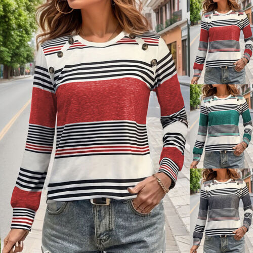 Womens Round Neck Pullover Striped Long Sleeve T-shirts Ladies Casual Blouse Top