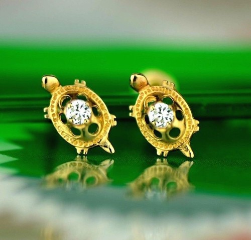 14k Yellow Gold Turtle CZ Stud Earrings Screw Back - Picture 10 of 18