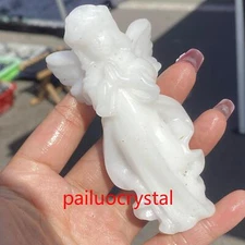 1PC Natural White Jade Angel Quartz Crystal Skull Carved Figurines Healing 4"