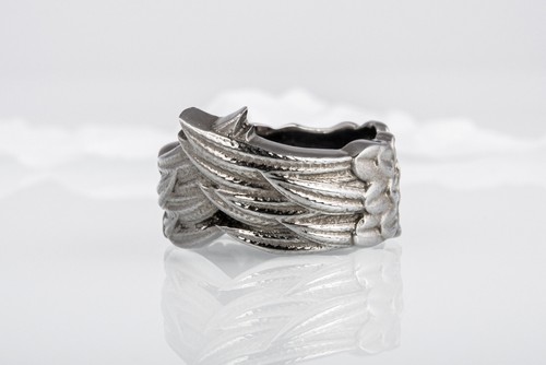 Ruthenium Plated Ring with Raven Feathers Style, 925 Silver Handcrafted Jewelry