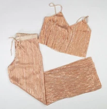  VICTORIA'S SECRET WOMEN'S ROSE GOLD SHINE PLEAT CAMI & PANT PAJAMA SET Sz XS