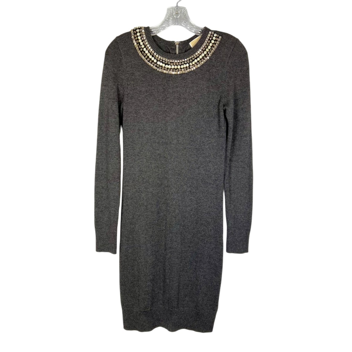 Michael Kors Womens Gray Studded Neckline Sweater Dress Long Sleeves size  XXS