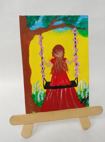 ACEO Original Acrylic Painting A GIRL SWING Miniature Art Card New - Afbeelding 5 van 5