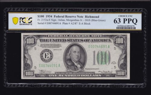 US 1934 $100 FRN Richmond DGS FR 2152a-E PCGS 63 PPQ Ch CU (691) - Zdjęcie 1 z 2