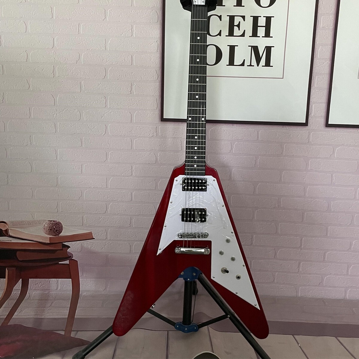 Flying V Electric Guitar HH Pickups Red Mahogany Body 6