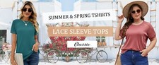 Women's Summer Lace Short Sleeve Tshirts Crew Neck Casual Loose Tops Shirt Blous