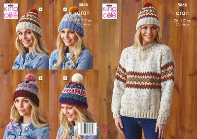 Knitting Pattern Womens Sweater Jumper & Bobble Hat King Cole Aran 5868