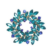 Wreath Brooch Gold Tone Blue  Teal Glass  Crystal