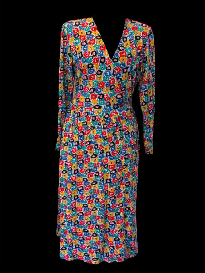 Vintage Liz Claiborne Colorful Pattern Square Spots Wrap Dress Long Size Medium - Image 4 of 4