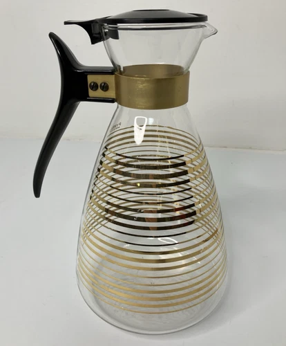 Vintage Pyrex Glass Coffee Carafe Gold Stripes 10 Cup w/Lid ~ Mid-Century ~ USA