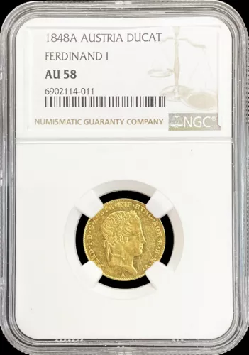 1848 A GOLD AUSTRIA TRADE 1 DUCAT FERDINAND I COINAGE NGC ABOUT UNC 58