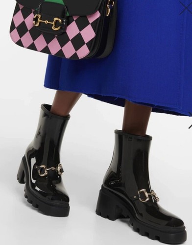 GUCCI GREEN RUBBER ANKLE BOOTIE HORSEBIT DETAIL EUR-38/US-8 Plateau-Boots - Picture 5 of 7