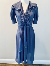 Vintage Choon California Dusty Blue Sheer Tie Prairie Dress Sz 3-4 Ruffled Lapel