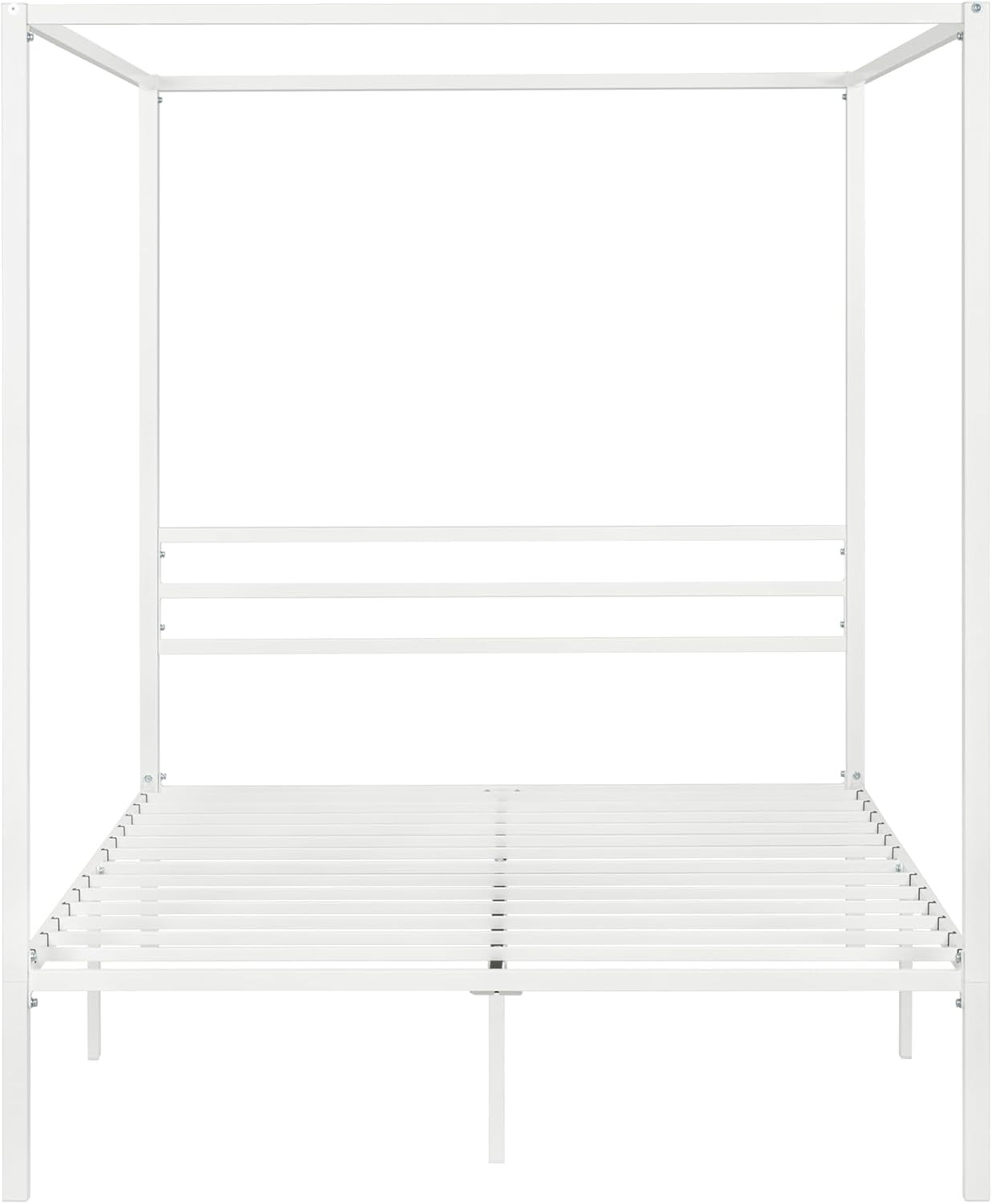 Stylish White Metal Canopy Bed Frame Queen Size - Easy Assembly, No Box Spring N