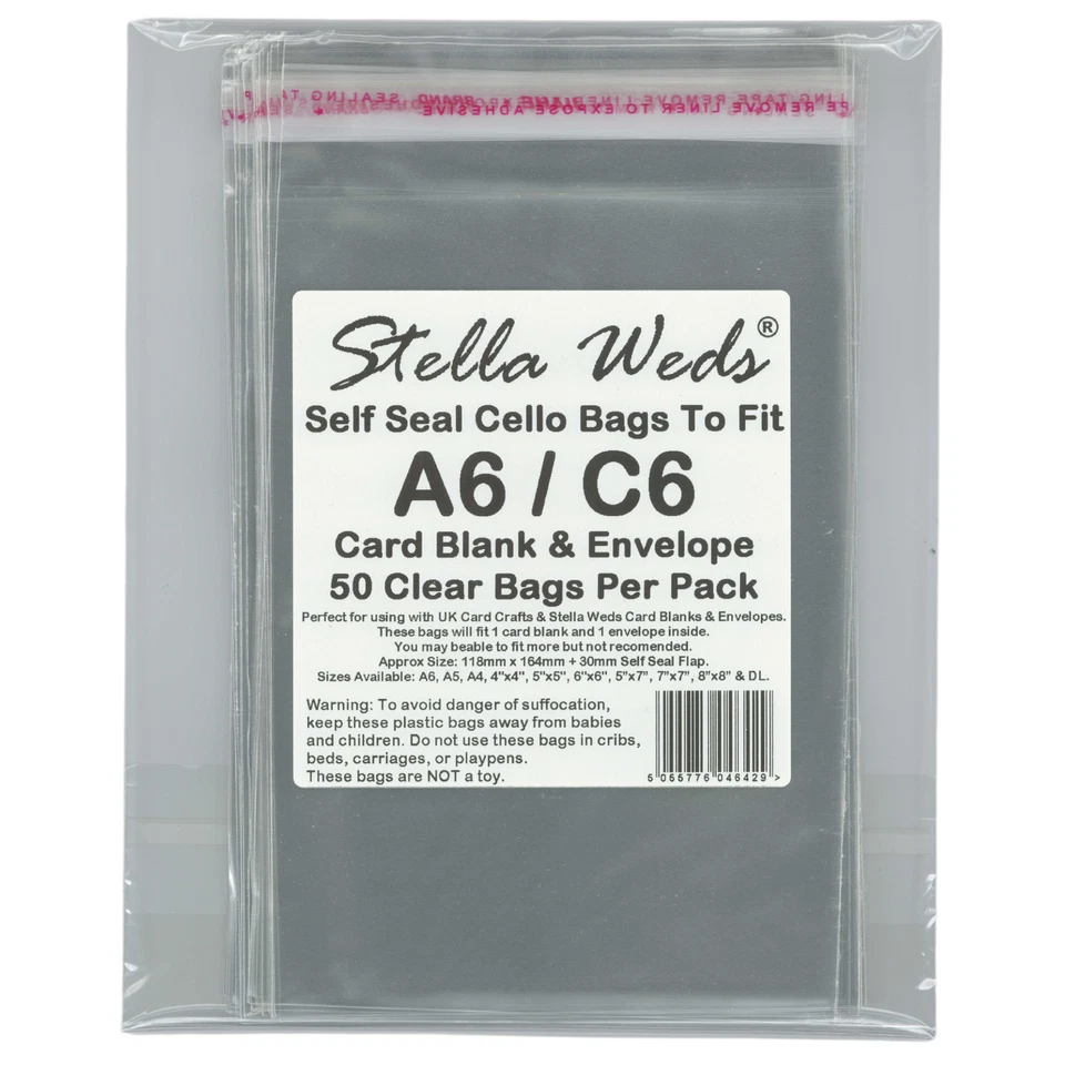 STELLA WEDS Self Seal Bags To Fit A6/C6 Card Blank & Envelope x 50 Per Pack, Clear Packaging
