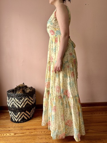 Vintage 70s Dress - Yellow Floral Cottagecore Maxi - Hippie Boho Cotton Prairie - Picture 5 of 10
