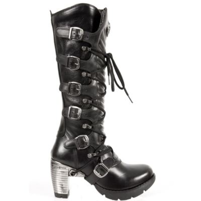 no-New Rock TR004-S1 Ladies Black 100% Leather Buckle Lace Knee High Biker Boots