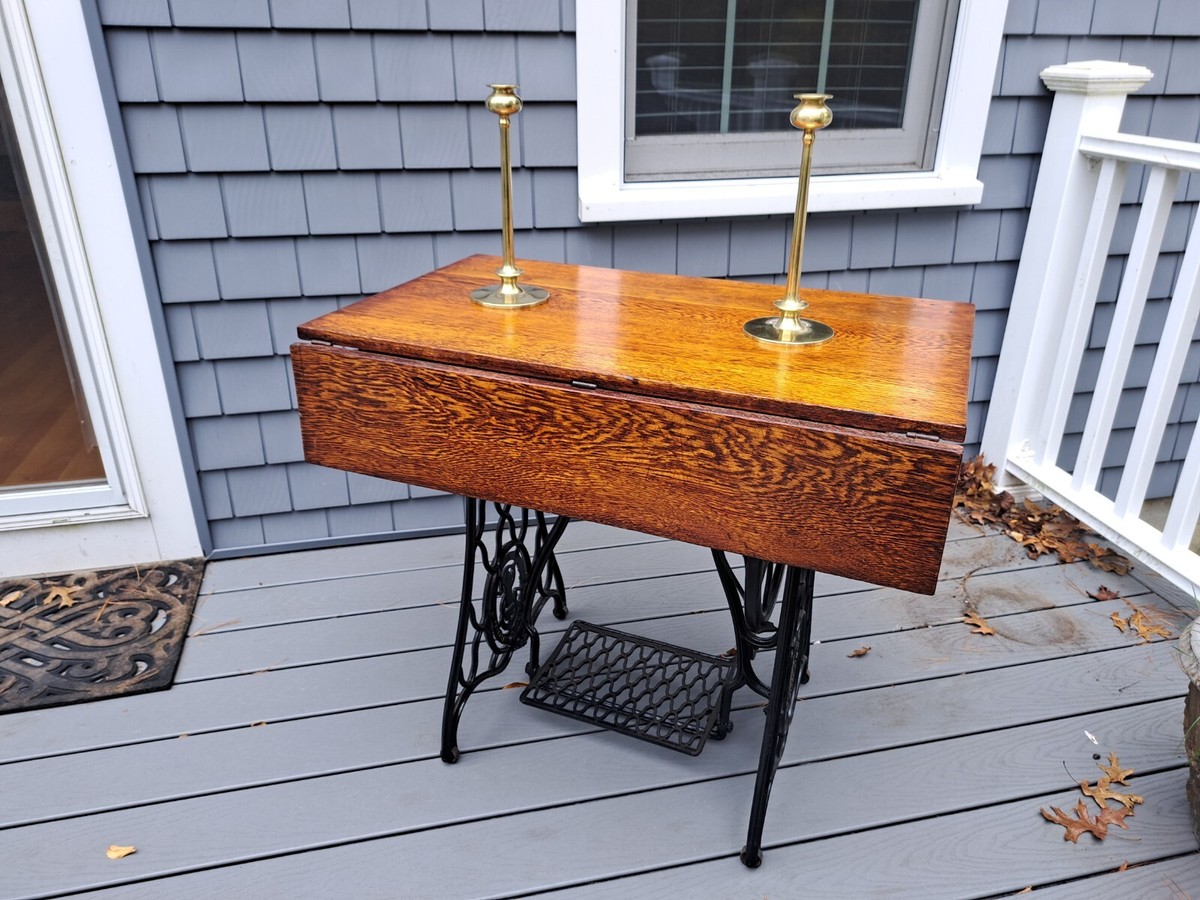 Repurposed 19th Century Cast Iron Singer Sewing Base/Oak Drop Leaf