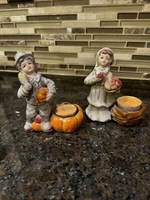 Fall Harvest Figurine Candle Holders Set Of 2 Hand Painted Vintage Thanksgiving