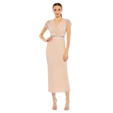 Mac Duggal NWT Beaded Wrap V-Neck Cap Sleeve Dress in Rose Size 10